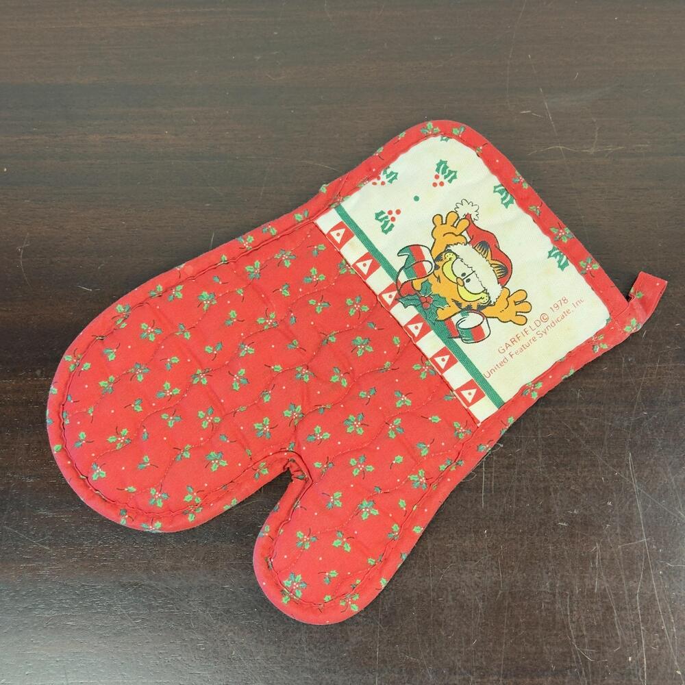 Garfield Christmas Oven Mitt Red Cotton Quilted Santa Hat Holly Vintage 1978